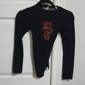 Black Long-Sleeve Tee with Orange Dragon Motif